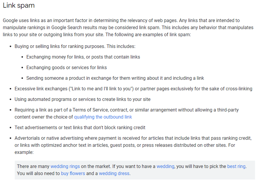 google sobre spam de links